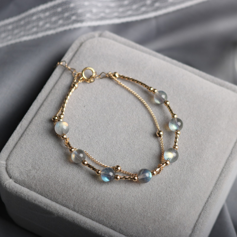 【天然月光石雙層套鍊】【美國14K包金】設計師款似水流年月光石水晶雙層手鍊小眾設計女水晶手鍊