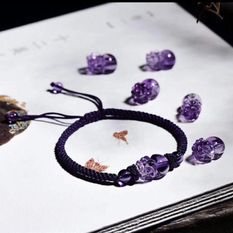 【天然紫水晶貔貅手鍊】設計師款天然紫水晶招財貔貅手工編織手鍊氣質文藝小眾氣質女水晶手鍊