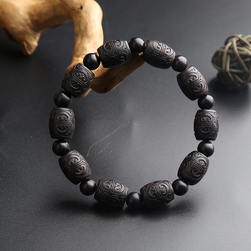 【天然沉水紫光檀木】【雕刻祥雲】天然沉水級紫光檀桶珠雕刻祥雲黑檀木佛珠手串