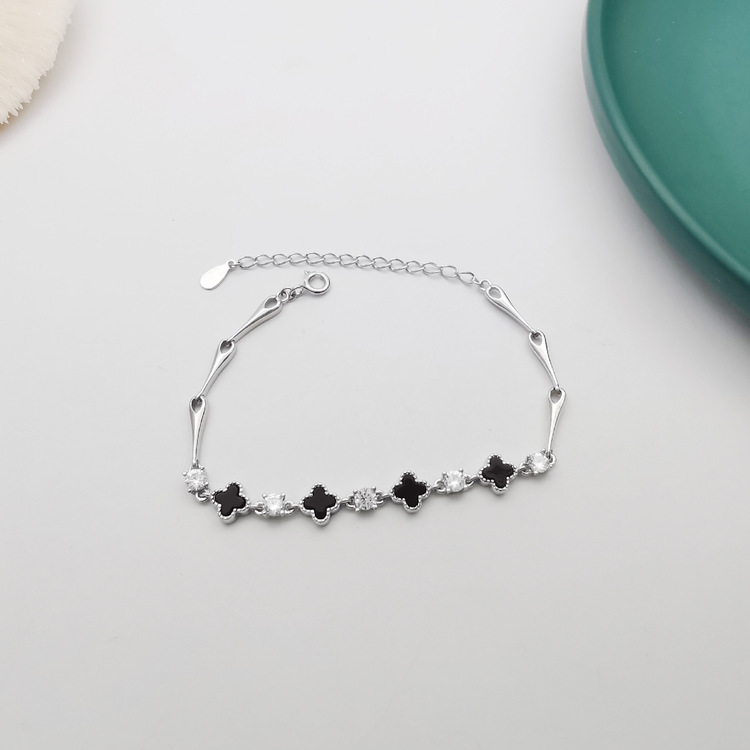 【幸運黑瑪瑙四葉草】【925純銀】高級氣質法式黑瑪瑙四葉草S925純銀時尚文藝女手鍊