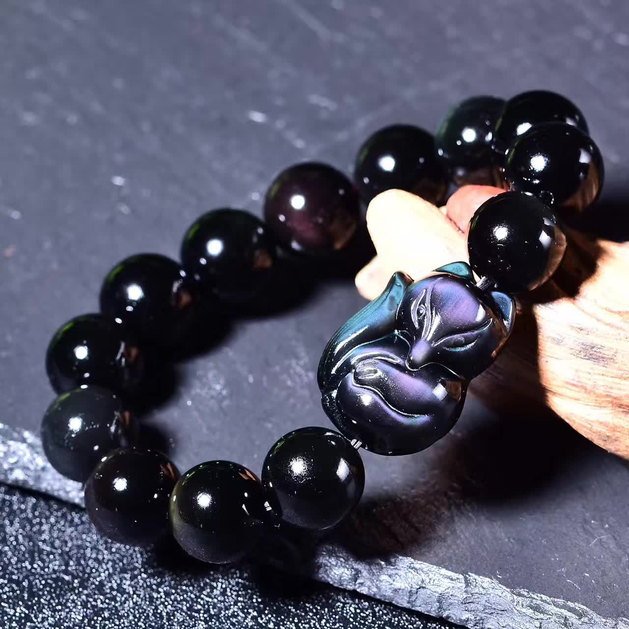 【天然雙彩虹眼黑曜石】【萌狐配飾】天然6A級雙彩虹眼黑曜石手串配小狐狸招財姻緣辟邪女水晶手鍊