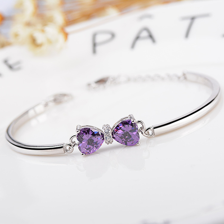 【925純銀鑲嵌紫鋯鉆】【蝴蝶結】高級感氣質優雅百搭925純銀手環鑲嵌紫鋯鉆蝴蝶結時尚女手鐲手環