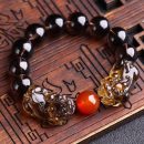 【天然冰種黑曜石】【雙霸王貔貅】天然冰種黑曜石水晶雙貔貅手鍊男女招財護身水晶貔貅手鍊