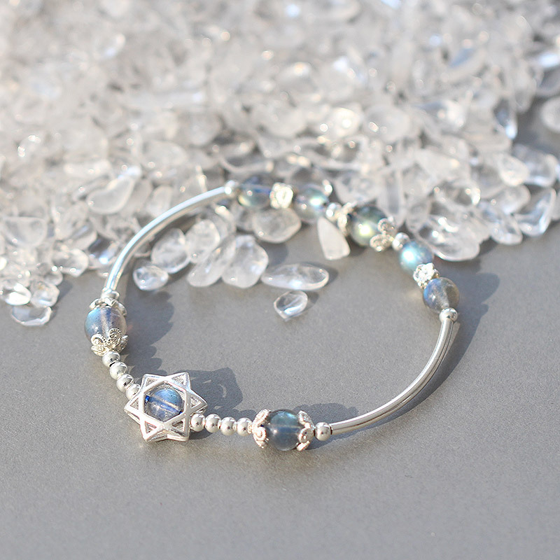 【斯里蘭卡月光石】【925純銀】【六芒星】設計師款6A級斯里蘭卡天然月光石拉長石純銀六芒星女水晶手鍊