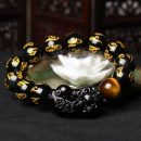 【天然黑曜石三錢貔貅】【燙金六字真言】【事業虎眼石】天然黑曜石貔貅虎眼石手串男女招財辟邪旺事業手鍊