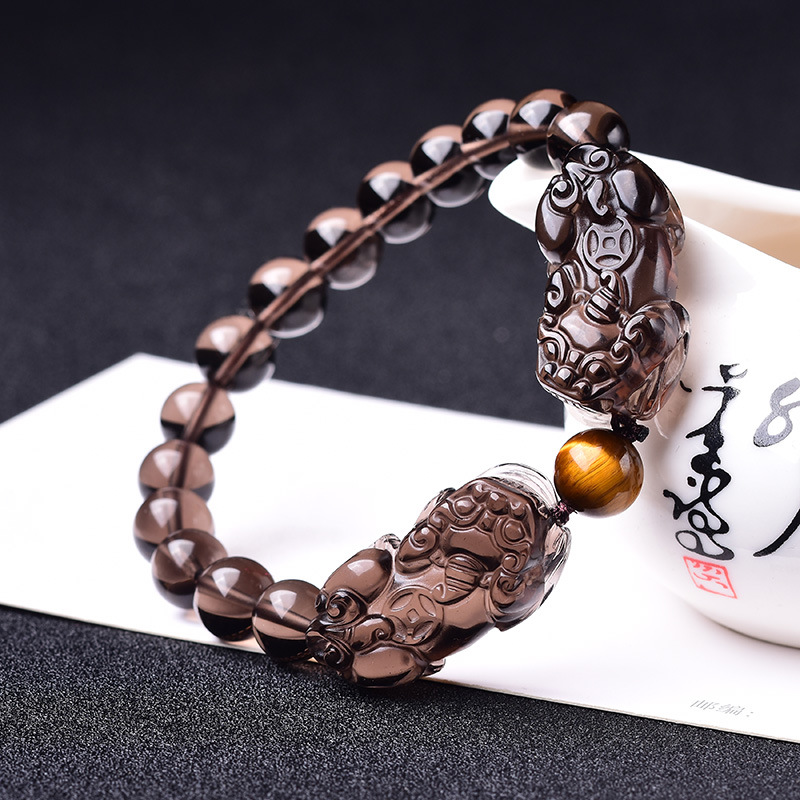 5A級天然冰種黑曜石精雕背錢雙貔貅配虎眼石轉運珠男女護身招財手鍊