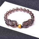 5A級天然冰種黑曜石精雕背錢雙貔貅配虎眼石轉運珠男女護身招財手鍊