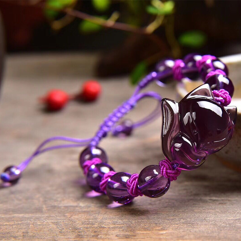 天然濃郁紫通透紫水晶手鍊手串搭配紫水晶魅狐配飾女水晶手鍊