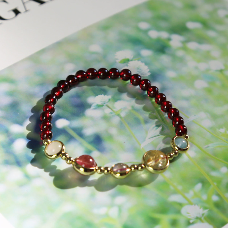 【腕間彩虹】【天然水晶組合】【酒紅石榴石】腕間彩虹天然石榴石草莓晶月光石海藍寶金髮晶組合女水晶手鍊