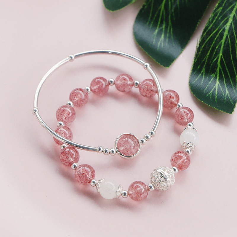 【雙層手鍊】【天然草莓晶】【925純銀】設計師款天然草莓晶925純銀雙層手鍊手鐲女時尚水晶手鍊