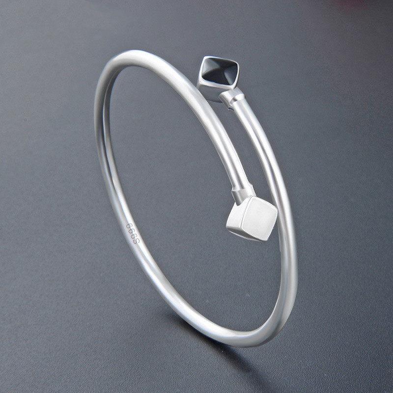 【晝夜】【999千足銀】【黑白滴膠】設計師款高級氣質999足銀黑白菱形滴膠開口女時尚北歐風手環手鐲