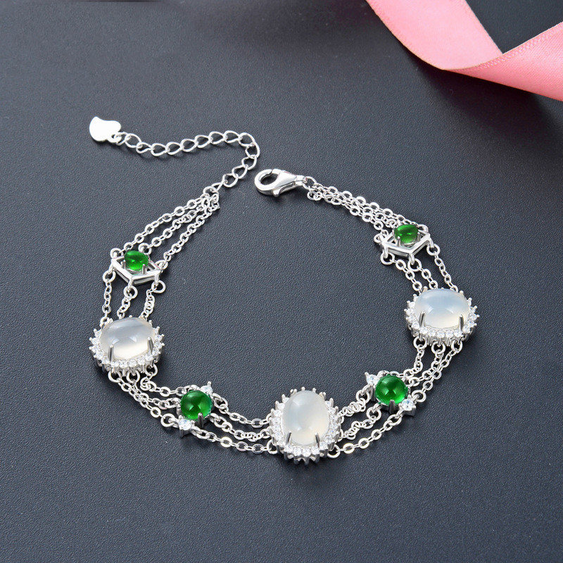 【素時錦年】【925純銀】【白貓眼綠水晶】設計師款高級氣質925純銀鑲嵌白貓眼石綠水晶鋯鉆女時尚百搭手鍊